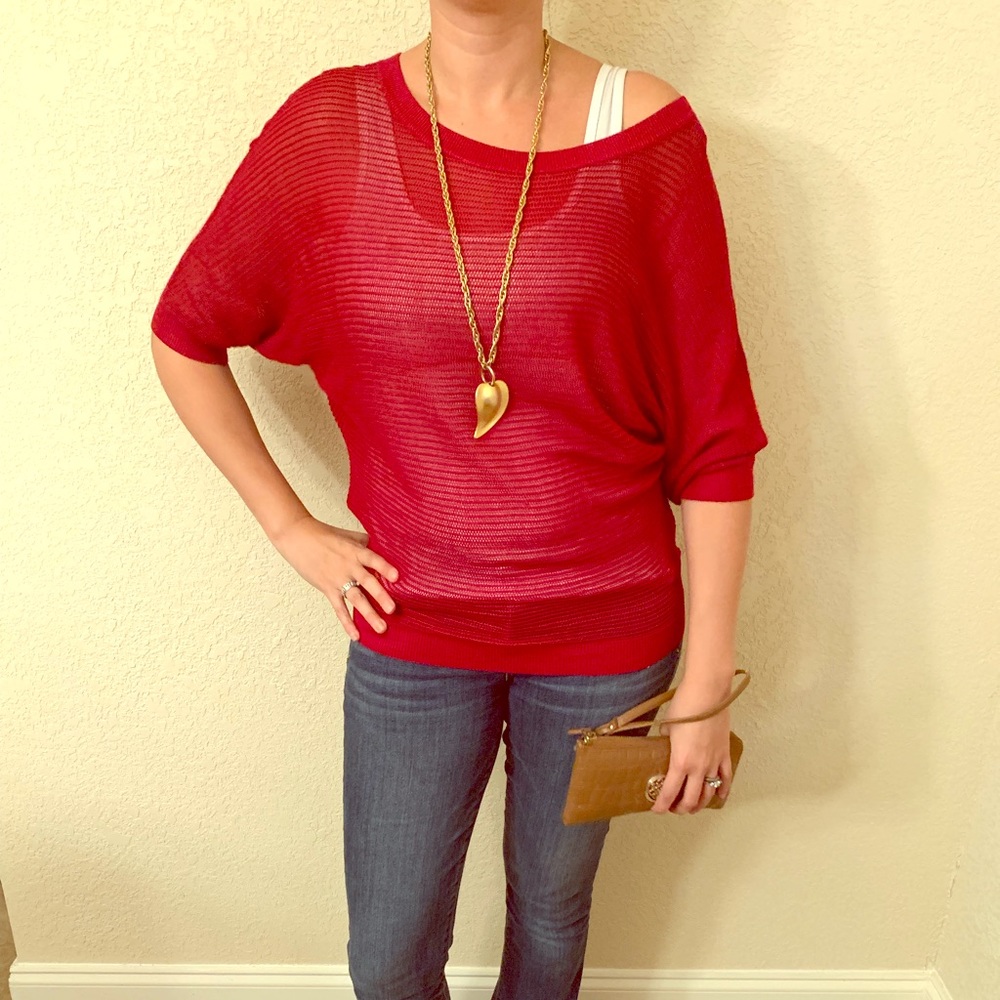 Express: Red Open Stitch Loose Fitted Shirt